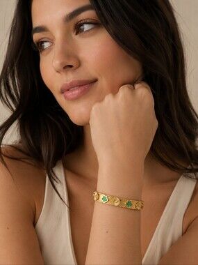 Gold and Green Flower Clover Bangle Bracelet - Women Jewelry